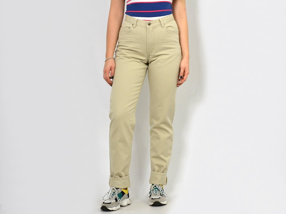 Khaki Solid Straight Leg Cotton Blend Jeans with Rolled Hem