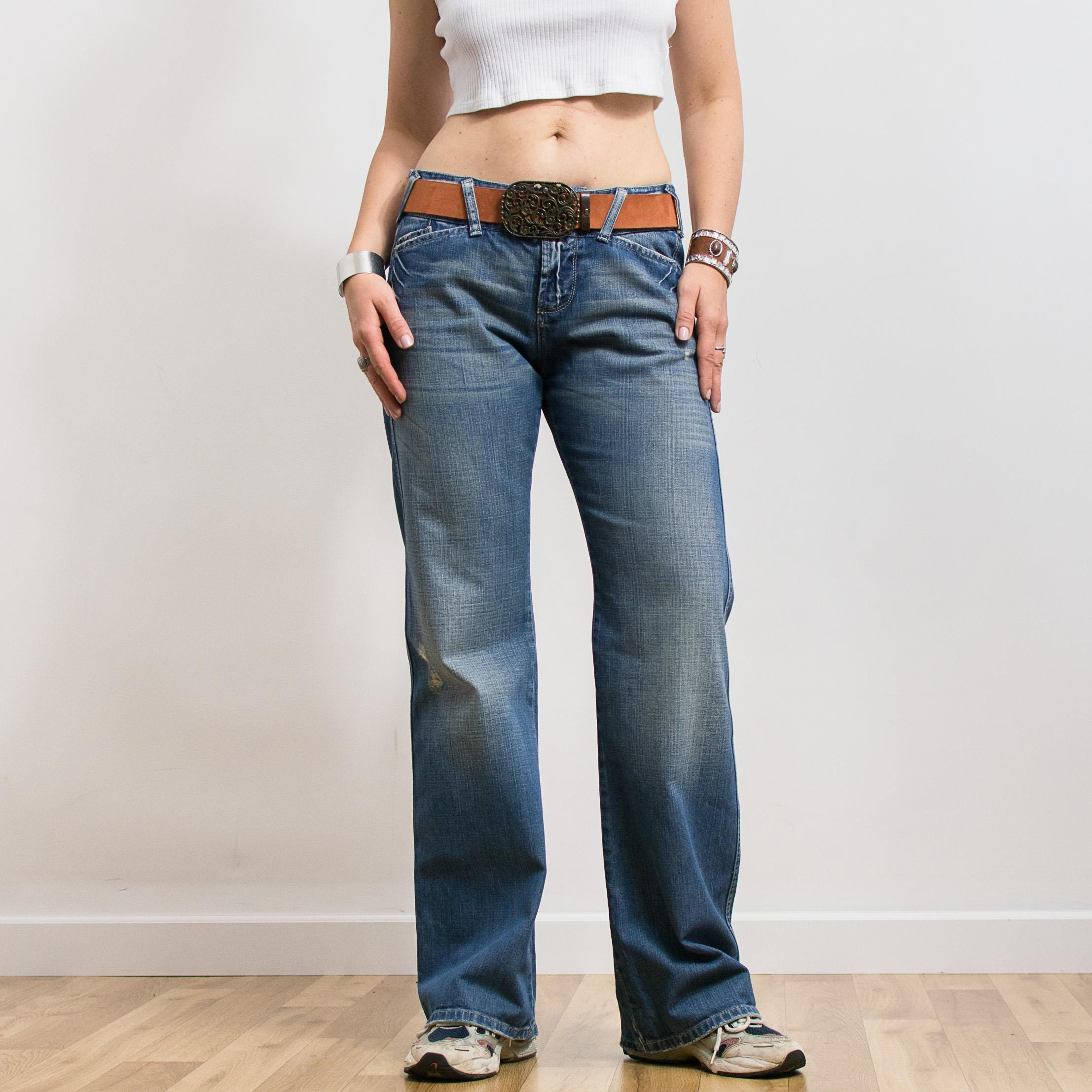 Blue Faded Wash Low Rise Wide Leg Denim Jeans with Distressed Detail