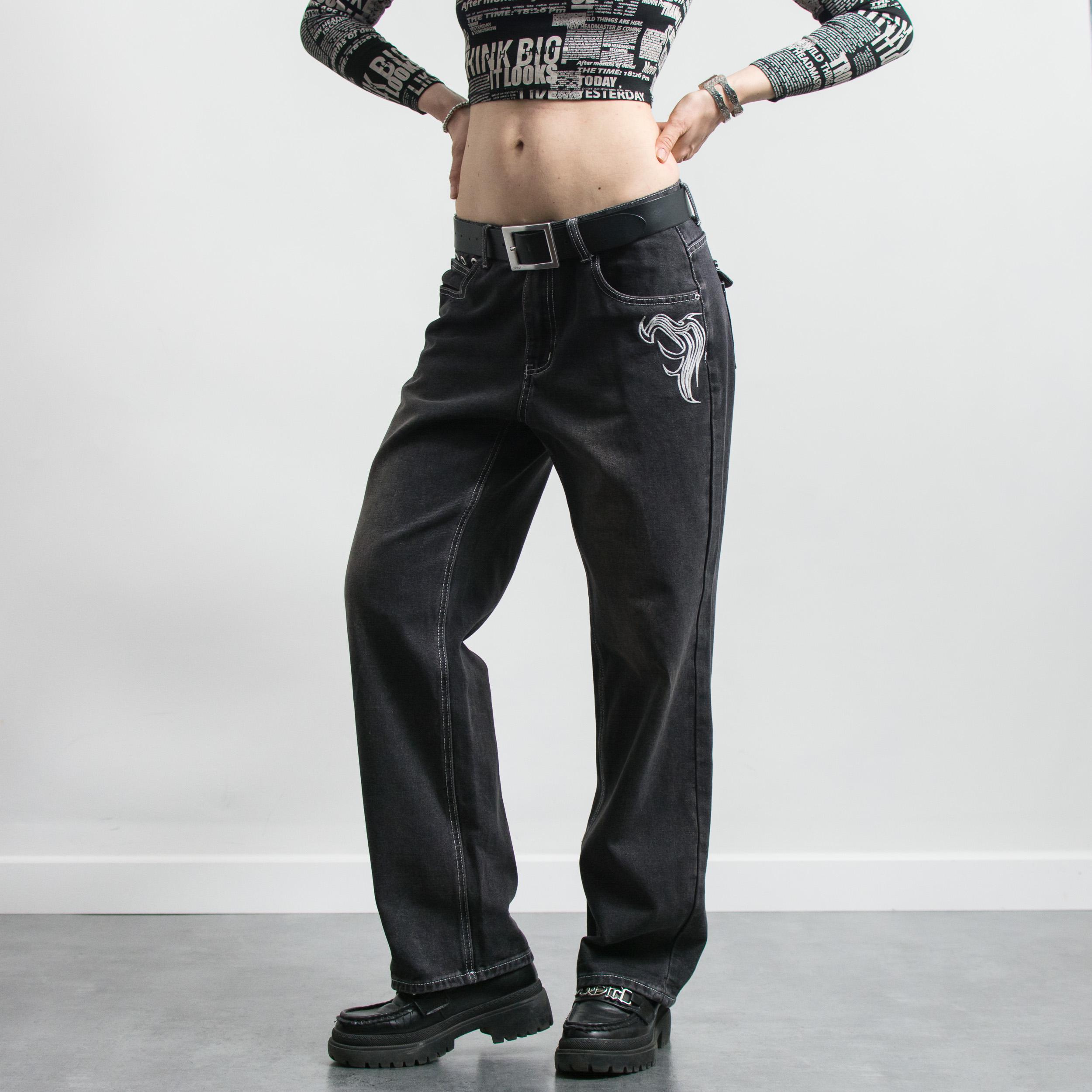 Black Baggy Wide Leg Denim Jeans with White Tribal Embroidery