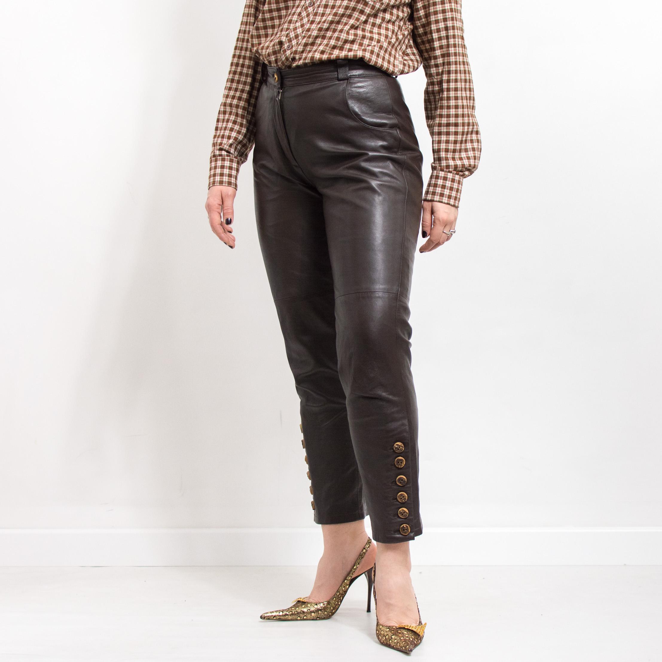 Dark Brown Faux Leather Slim Pants with Gold Button Hem Detail