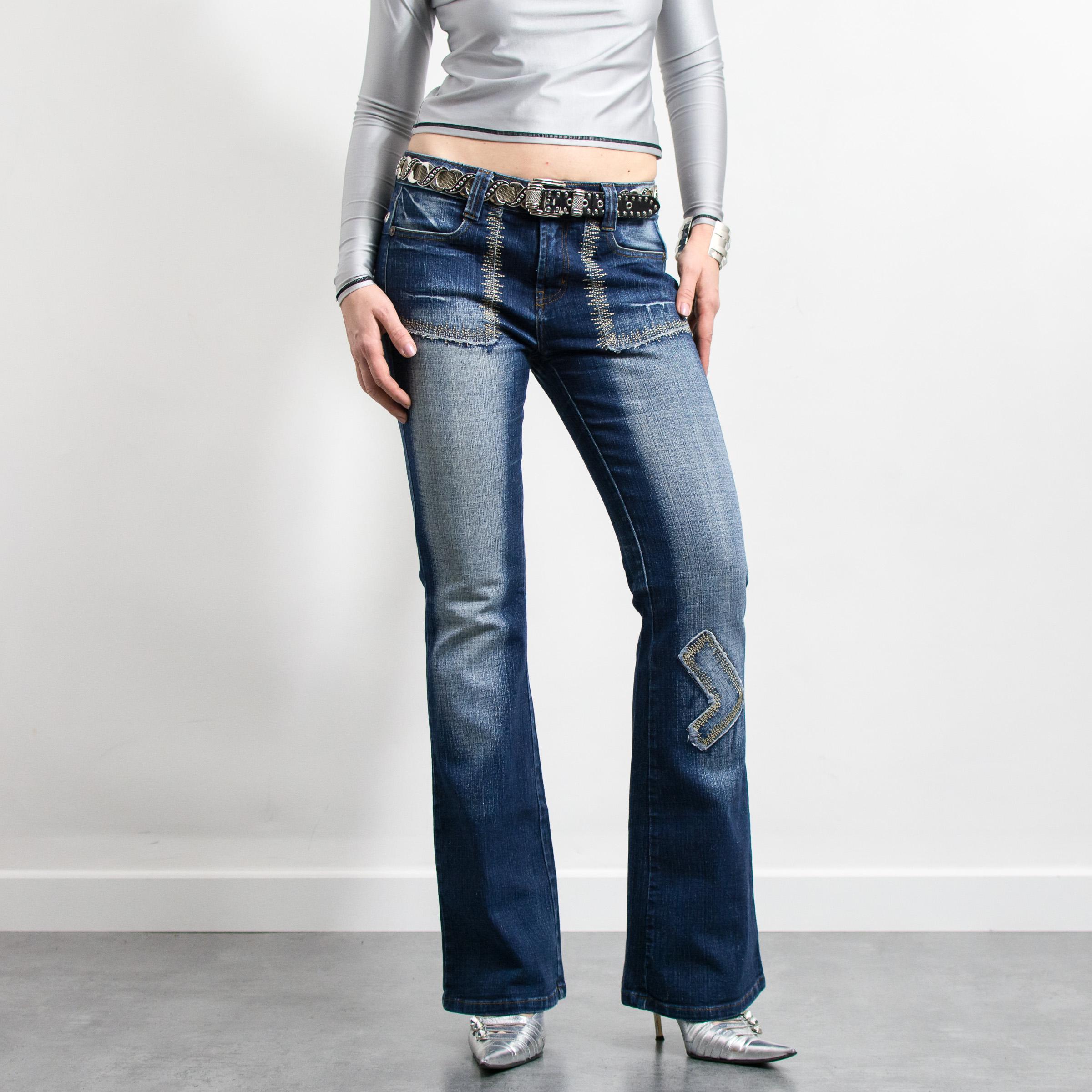 Blue Flared Denim Jeans with Distressed Wash and Chevron Patch Detail