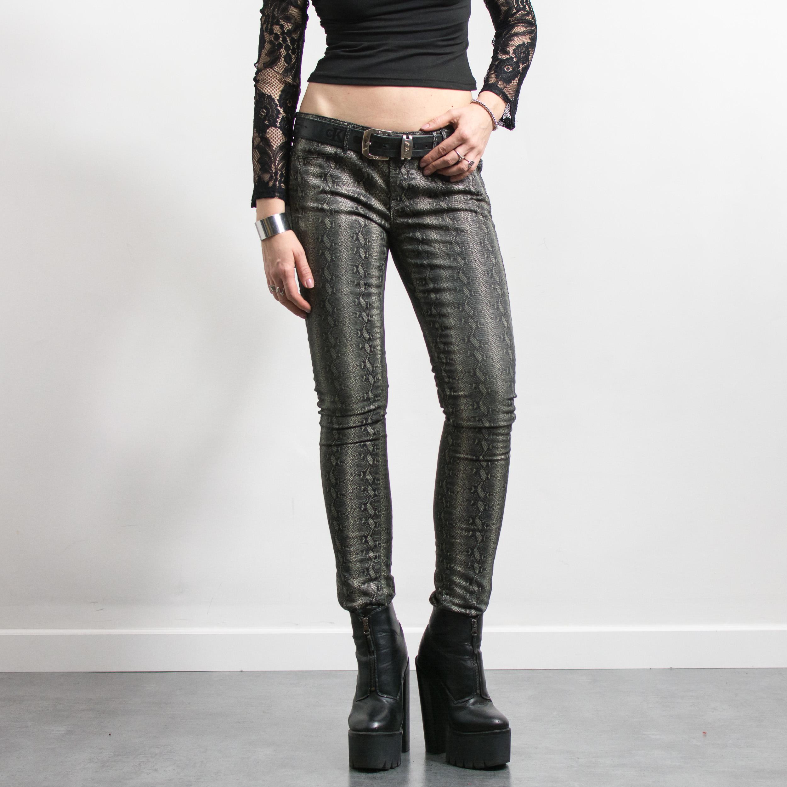 Metallic Snake Print Skinny Pants with Moto Seam Detail