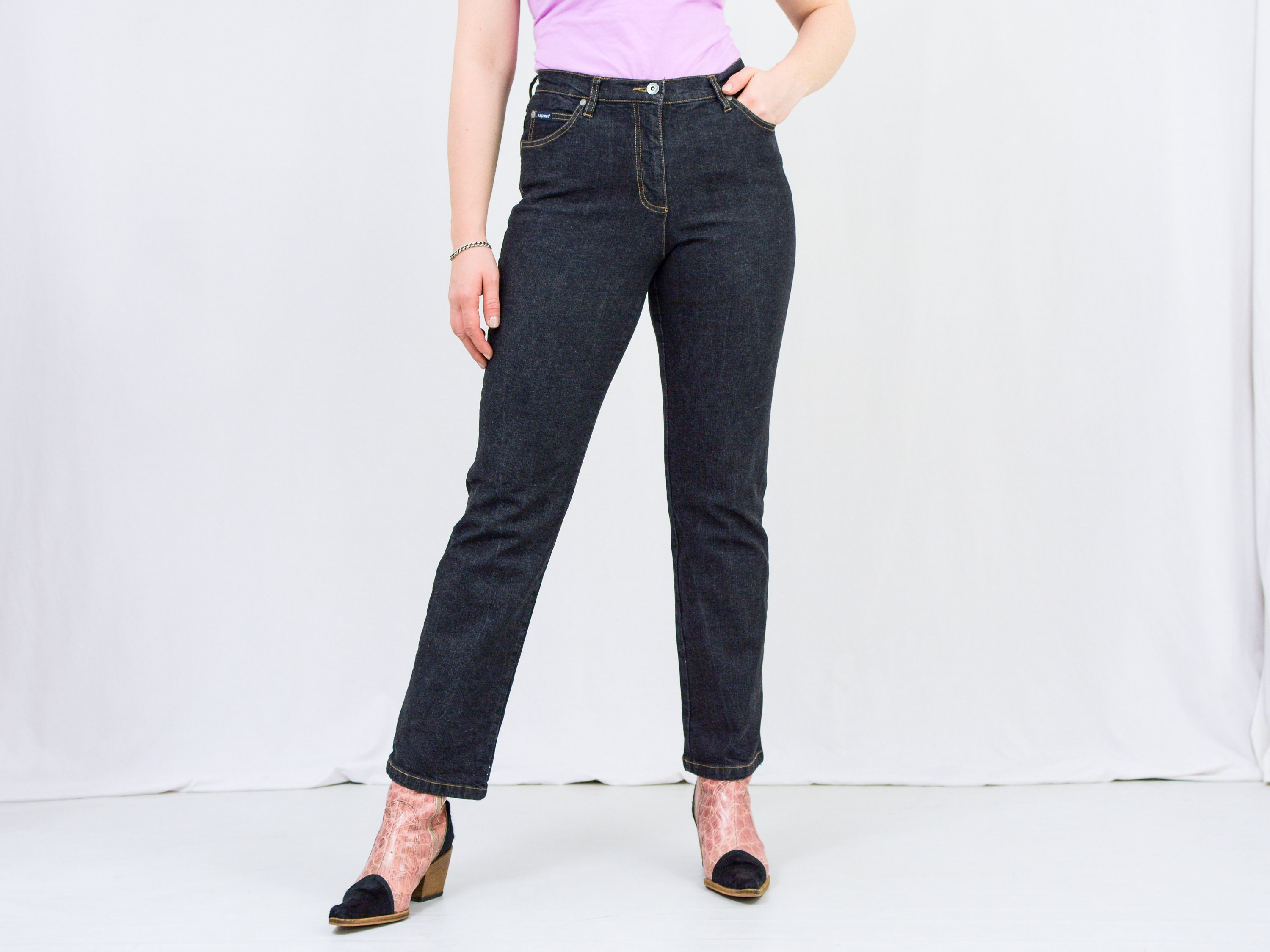 Dark Wash Straight Leg Denim Jeans with Contrast Stitch Detail