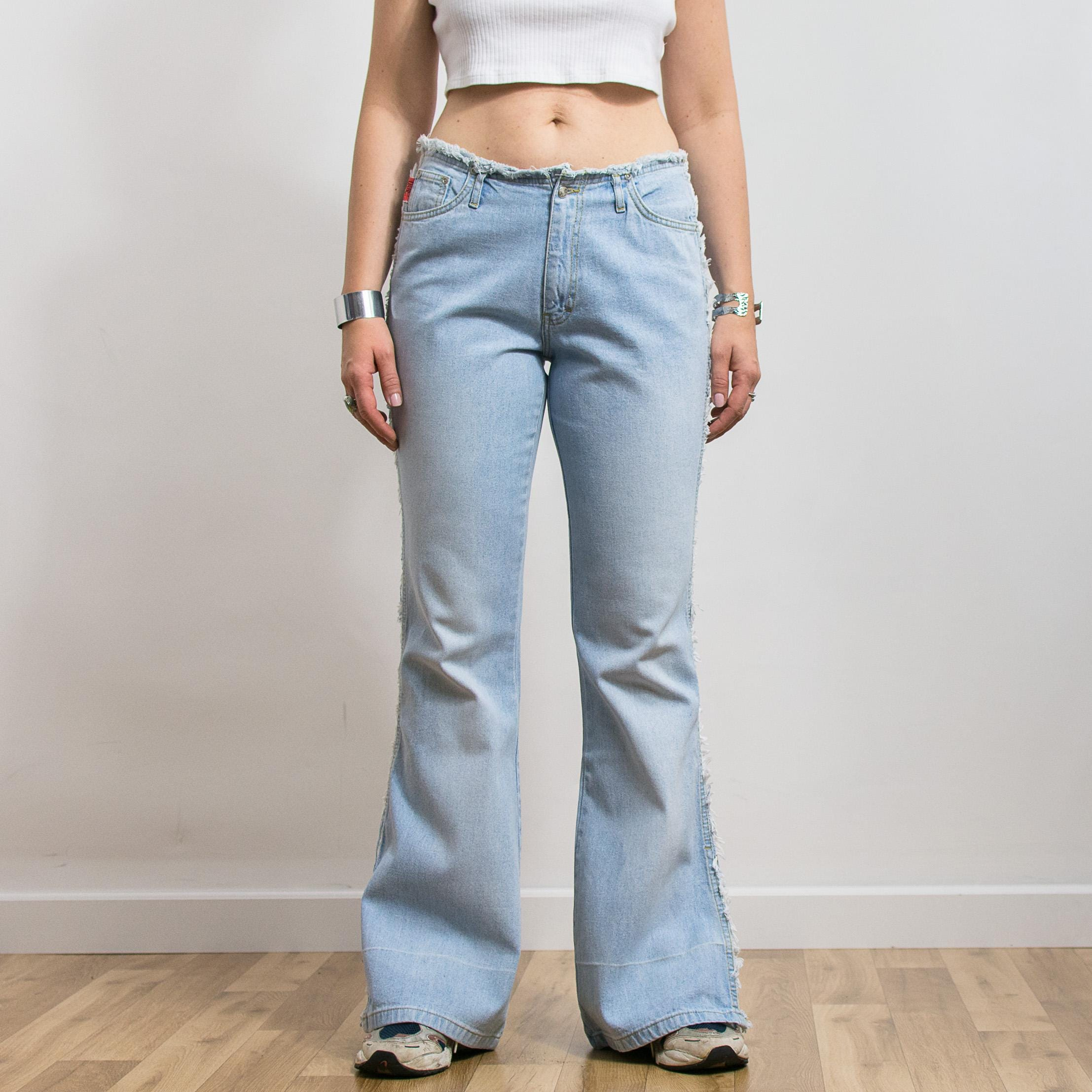 Light Blue Raw Hem Side Slit Flared Denim Jeans