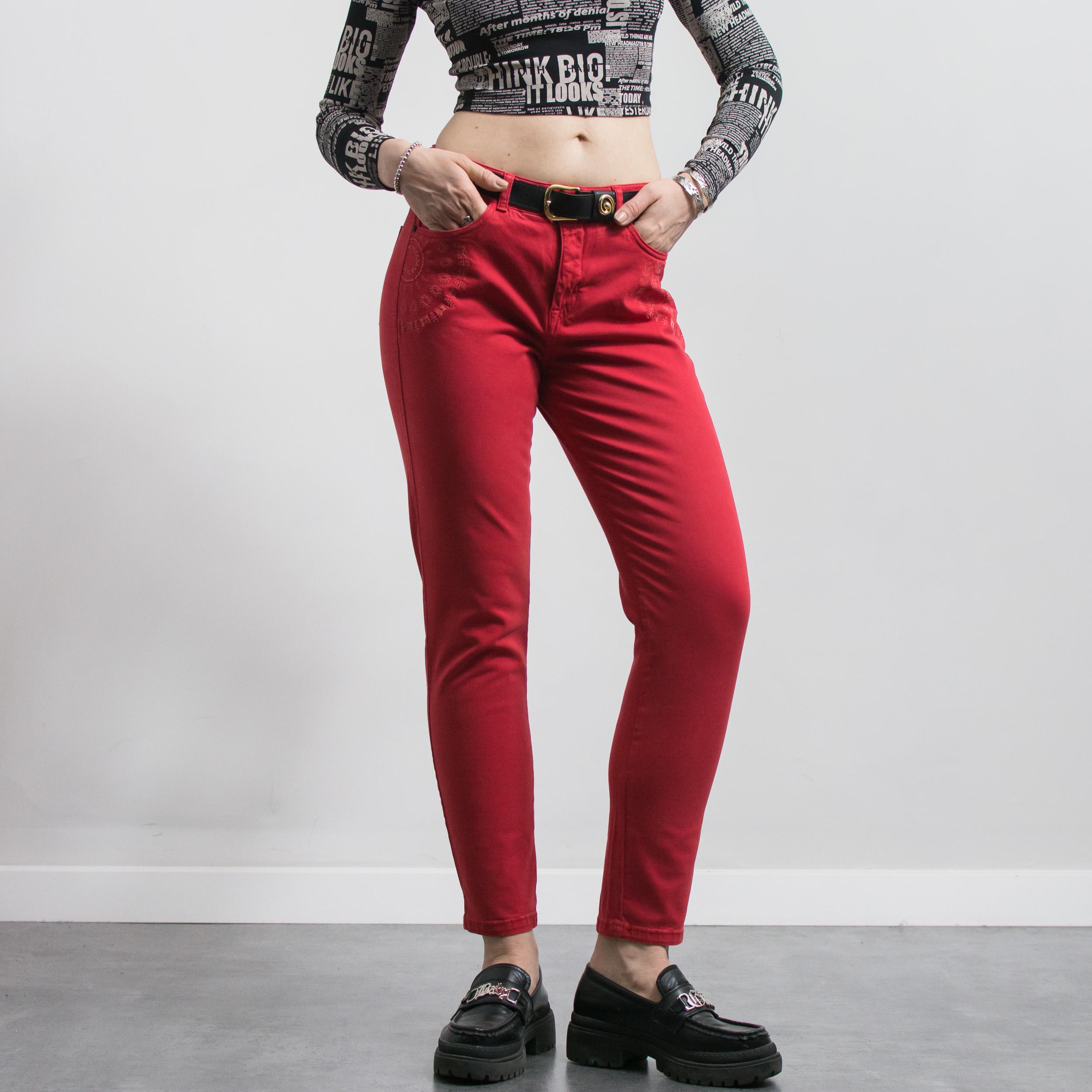 Red Slim Leg Stretch Denim Jeans with Tonal Side Embroidery