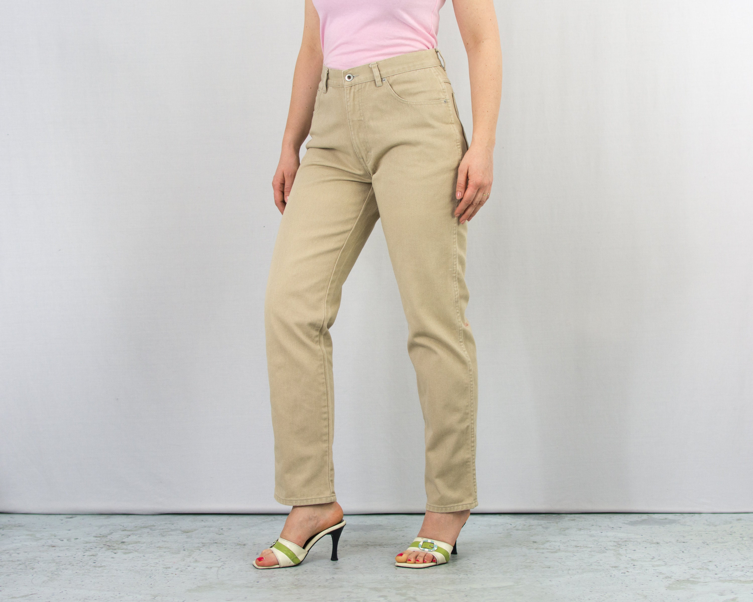 Beige Solid Straight Leg Cotton Blend Jeans