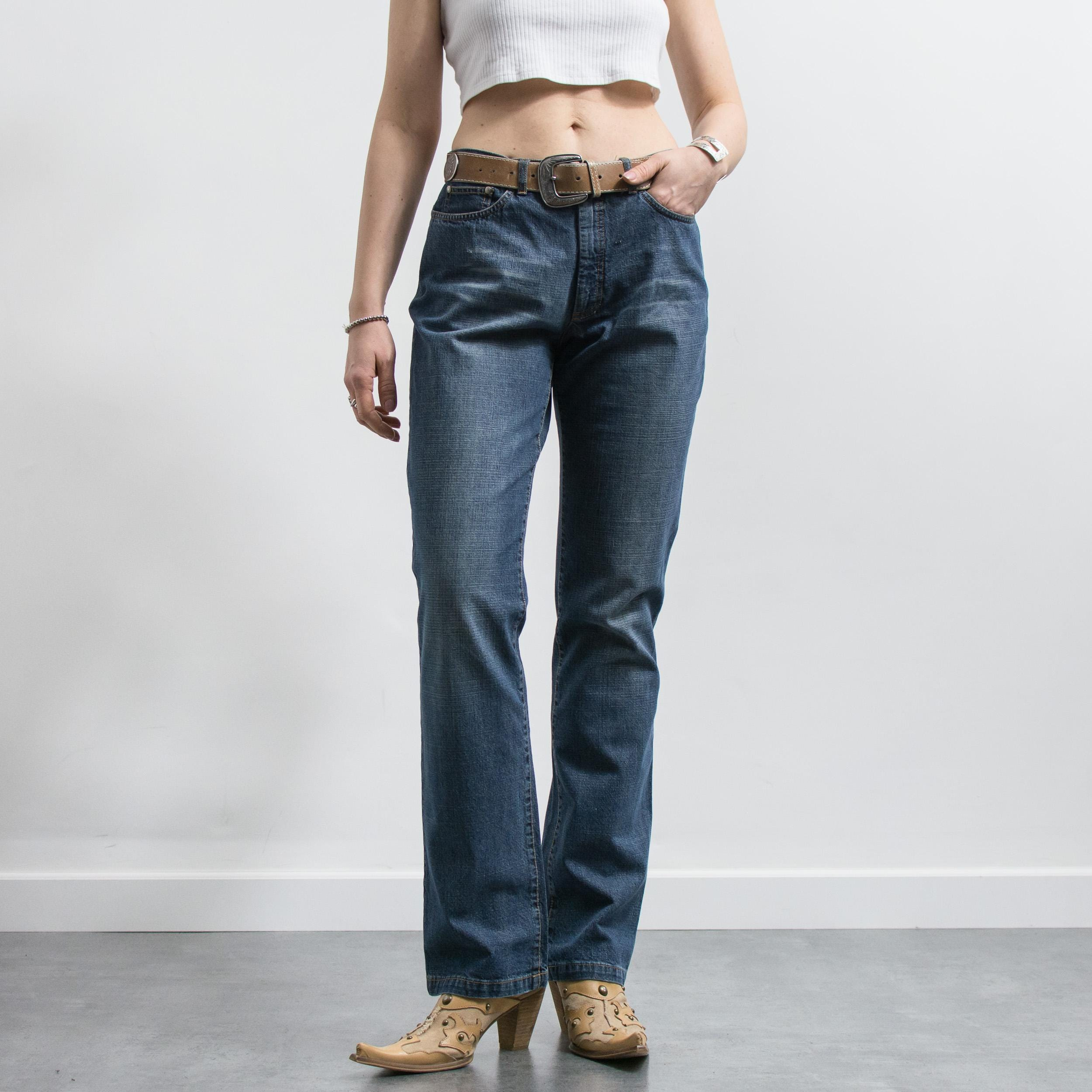 Dark Blue Low Rise Straight Leg Denim Jeans with Faded Wash Detail
