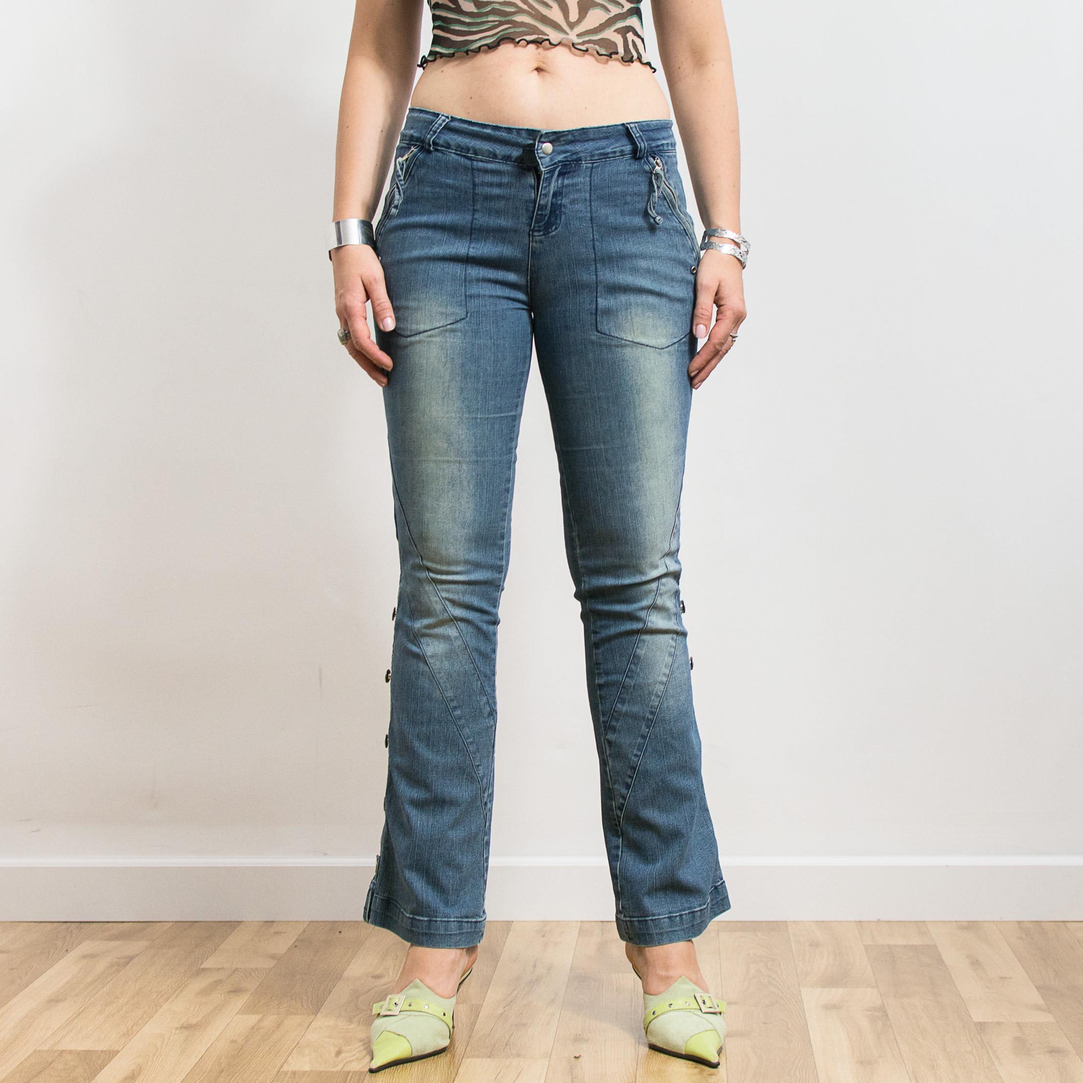 Blue Washed Slim Bootcut Denim Jeans with Zipper Pocket and Side Button Detail