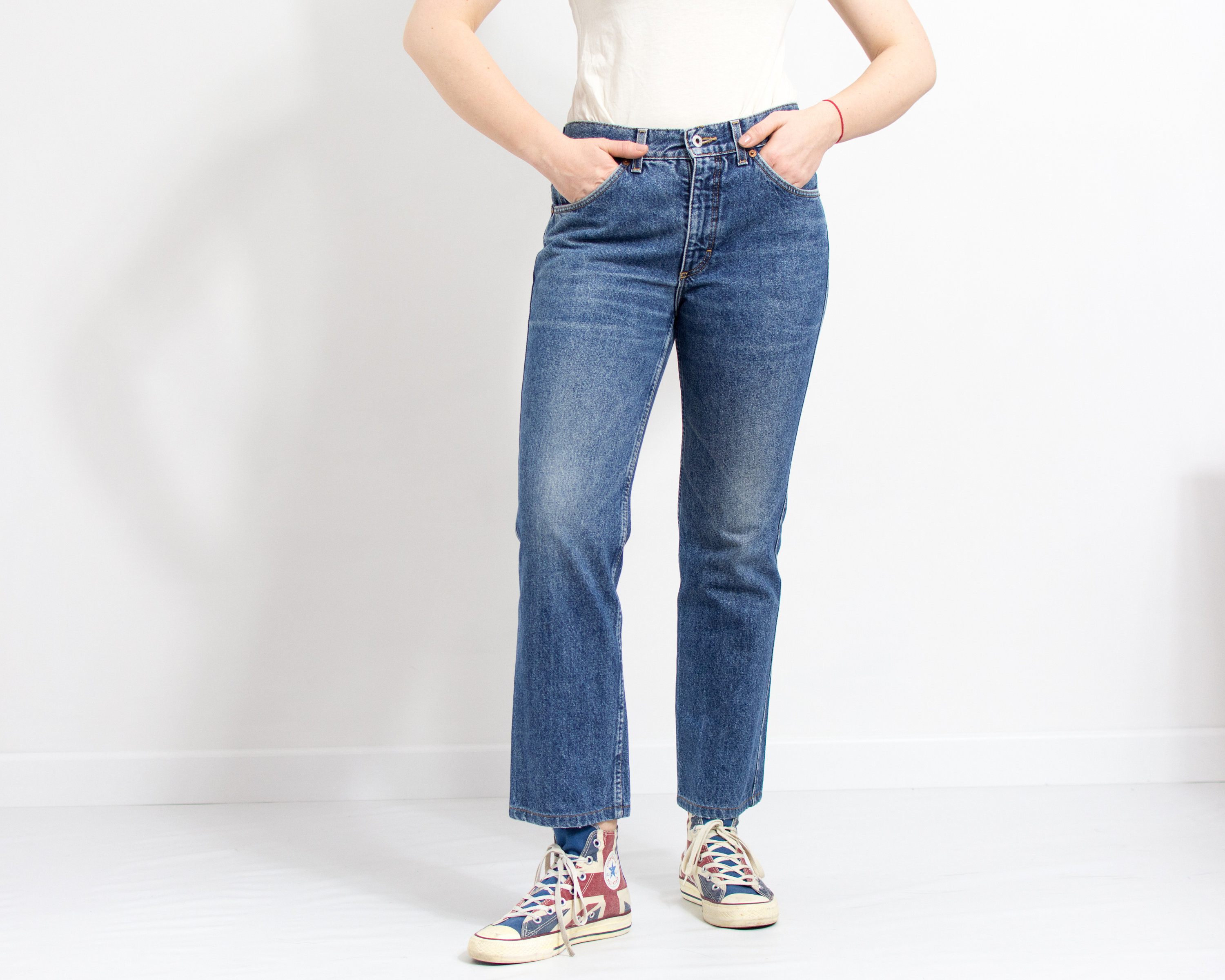 Medium Blue Straight Leg Cropped Denim Jeans with Faded Wash Detail